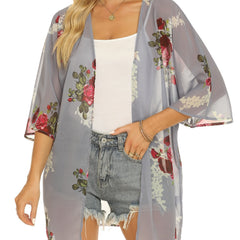 Floral Print Cover Up Tops Long Sleeve Rash Guard Semi Sheer Loose Fit