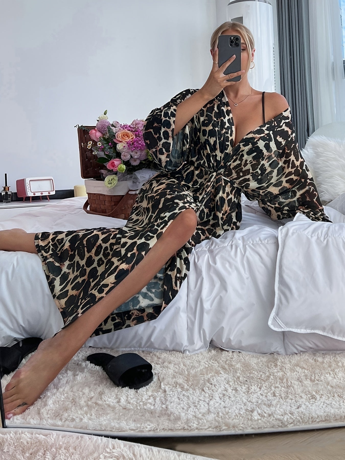 Leopard Print Flare Sleeve Mesh Belted Sleep Robe