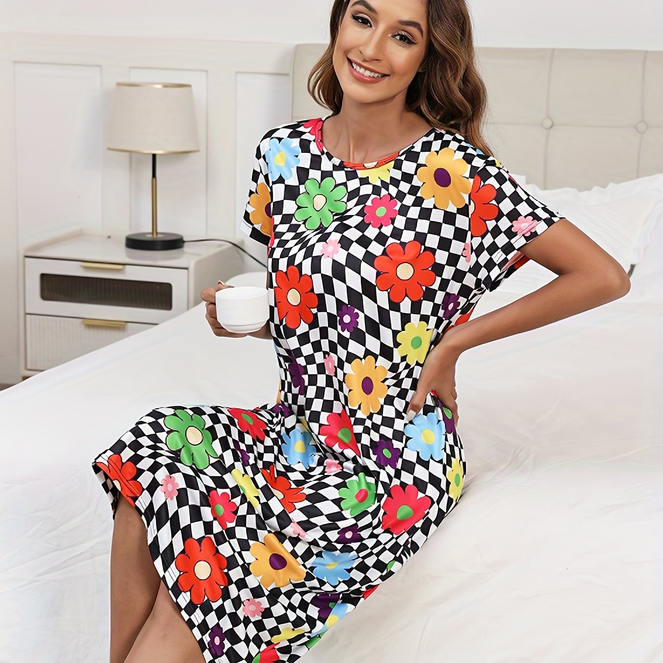 Flower Print Plaid Lounge Dresses & Comfy Short Sleeve Home Dress