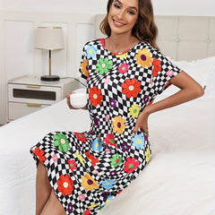 Flower Print Plaid Lounge Dresses & Comfy Short Sleeve Home Dress