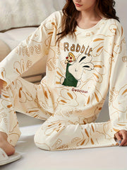 Bunny Print Pajama Set Long Sleeve Top & Pants Women's Sleepwear
