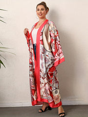 Boho Kimono Women's Plus Graphic Print Contrast Trim Long Sleeve