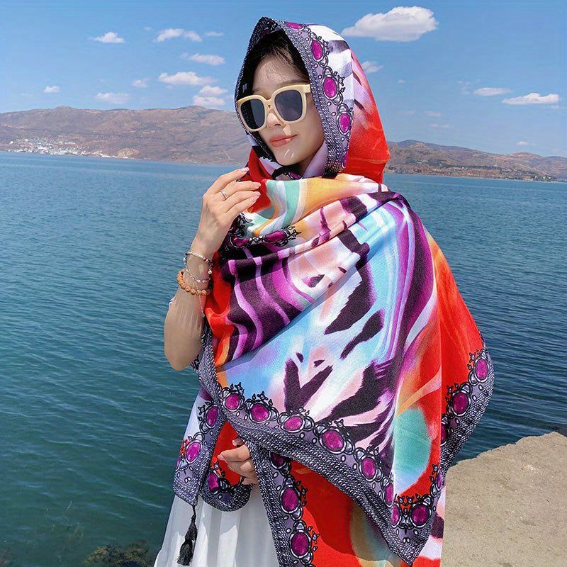 Geometric Print Large Scarf Block Shawl Boho Sunscreen Head Wrap