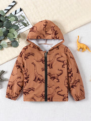 Boys Dinosaur Print Hooded Jacket Zip Up Kids Clothing