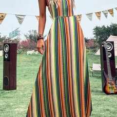 Striped Cut Out Cami Dress Ethnic Sleeveless Aline Maxi Length Dress