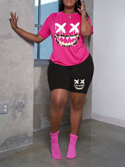 Women's Plus Funny Face Print Two Piece Set