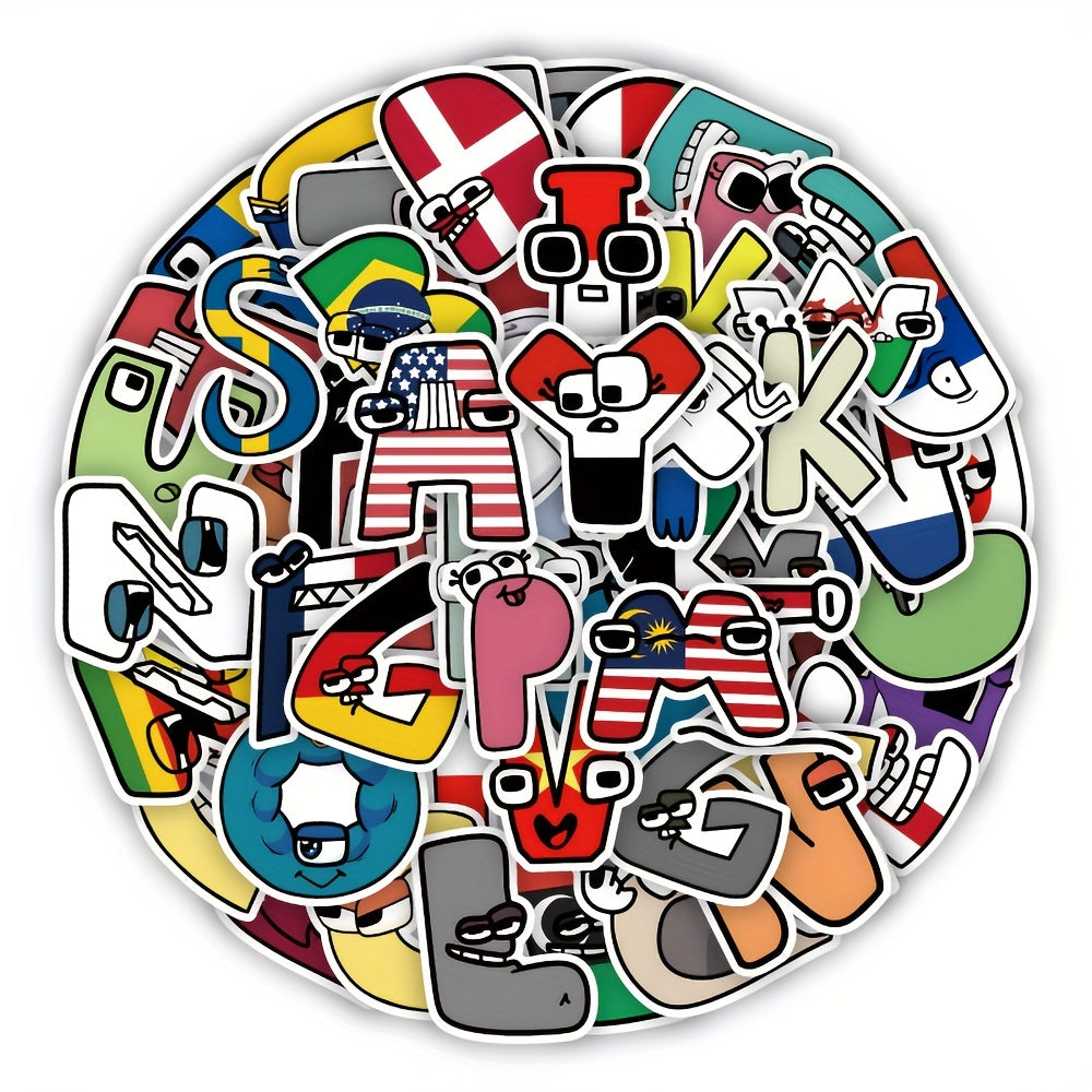 50pcs Cartoon Alphabet Stickers Waterproof Vinyl Sticker Packs for Kids