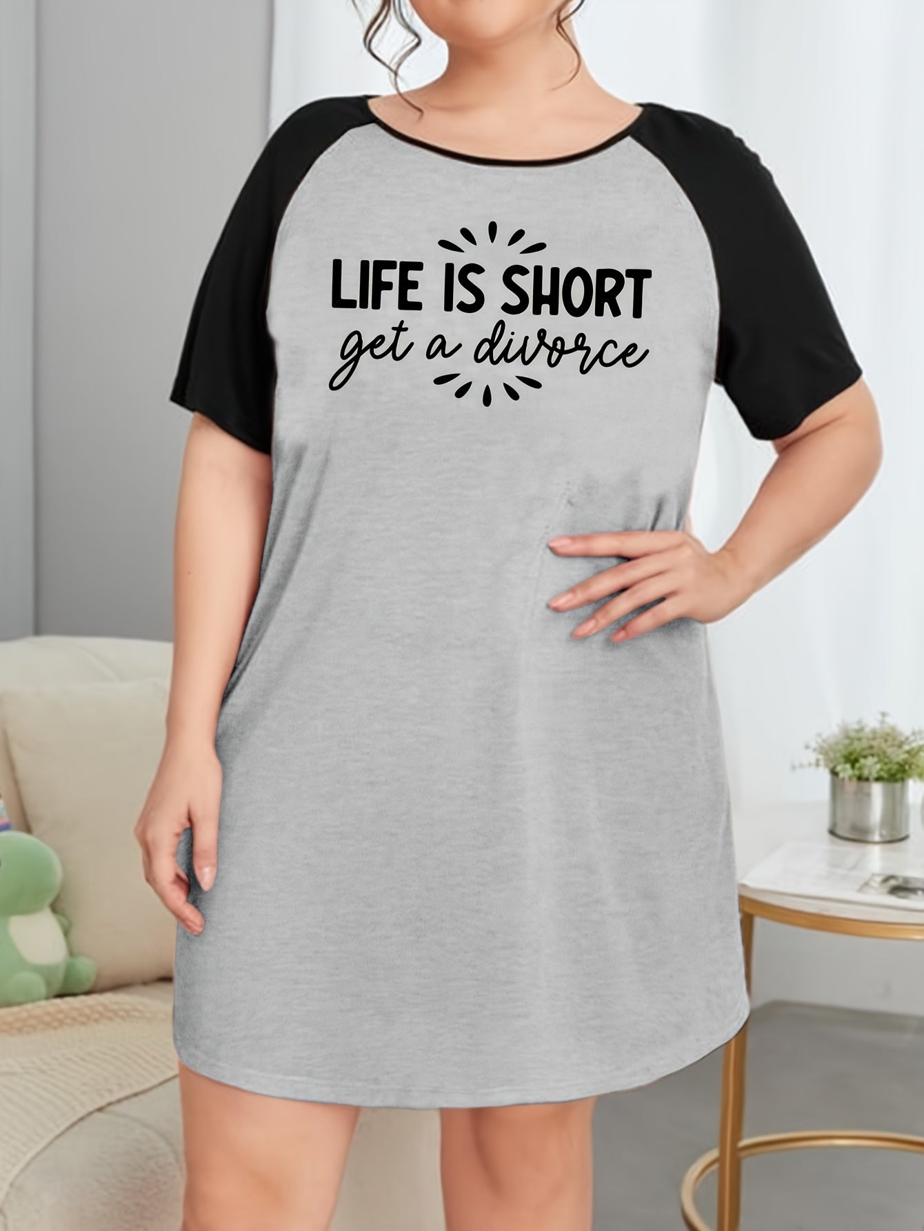 Slogan Print Raglan Sleeve Round Neck Tee Sleep Dress