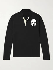 Warrior Helmet Pattern Knit Polo Shirt Men's Casual Lapel Sweater