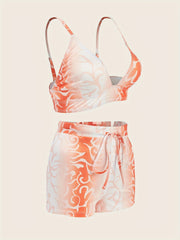 Floral Pajama Set V Neck Cami Top & Drawstring Shorts Women's Sleepwear