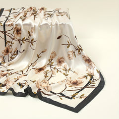 Magnolia Print Square Scarf Vintage Silky Bandana Woman Neckerchief