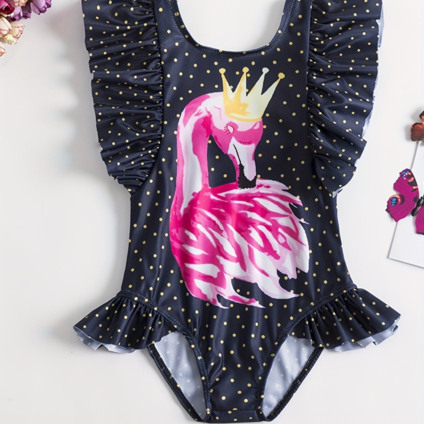 Flamingo Print Ruffled Onesie Swimsuit for Baby Girls