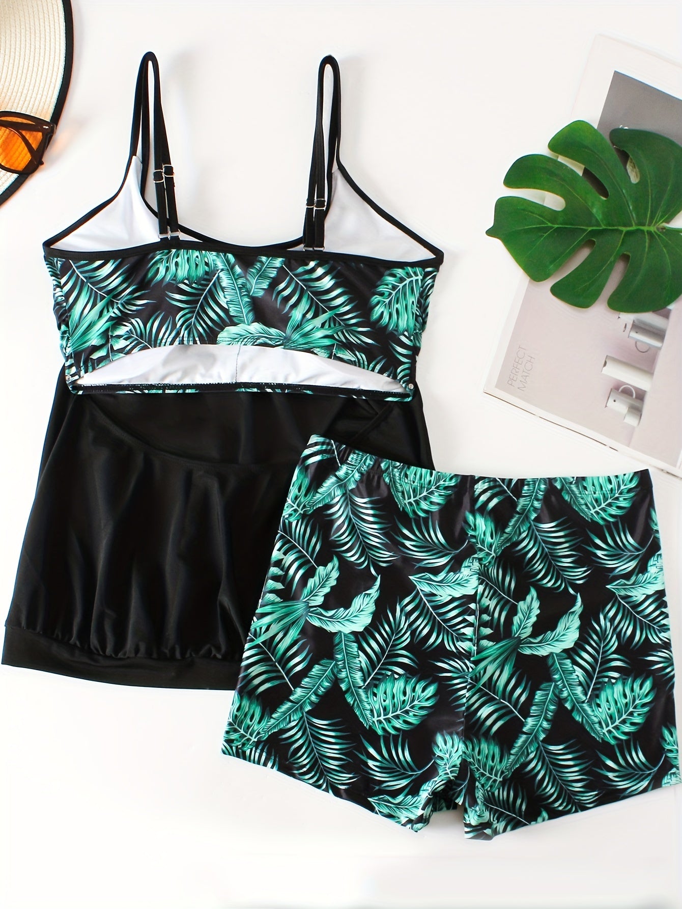 Tropical Print Tankini Set Round Neck Cami Top & Shorts 2 Piece
