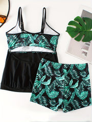 Tropical Print Tankini Set Round Neck Cami Top & Shorts 2 Piece