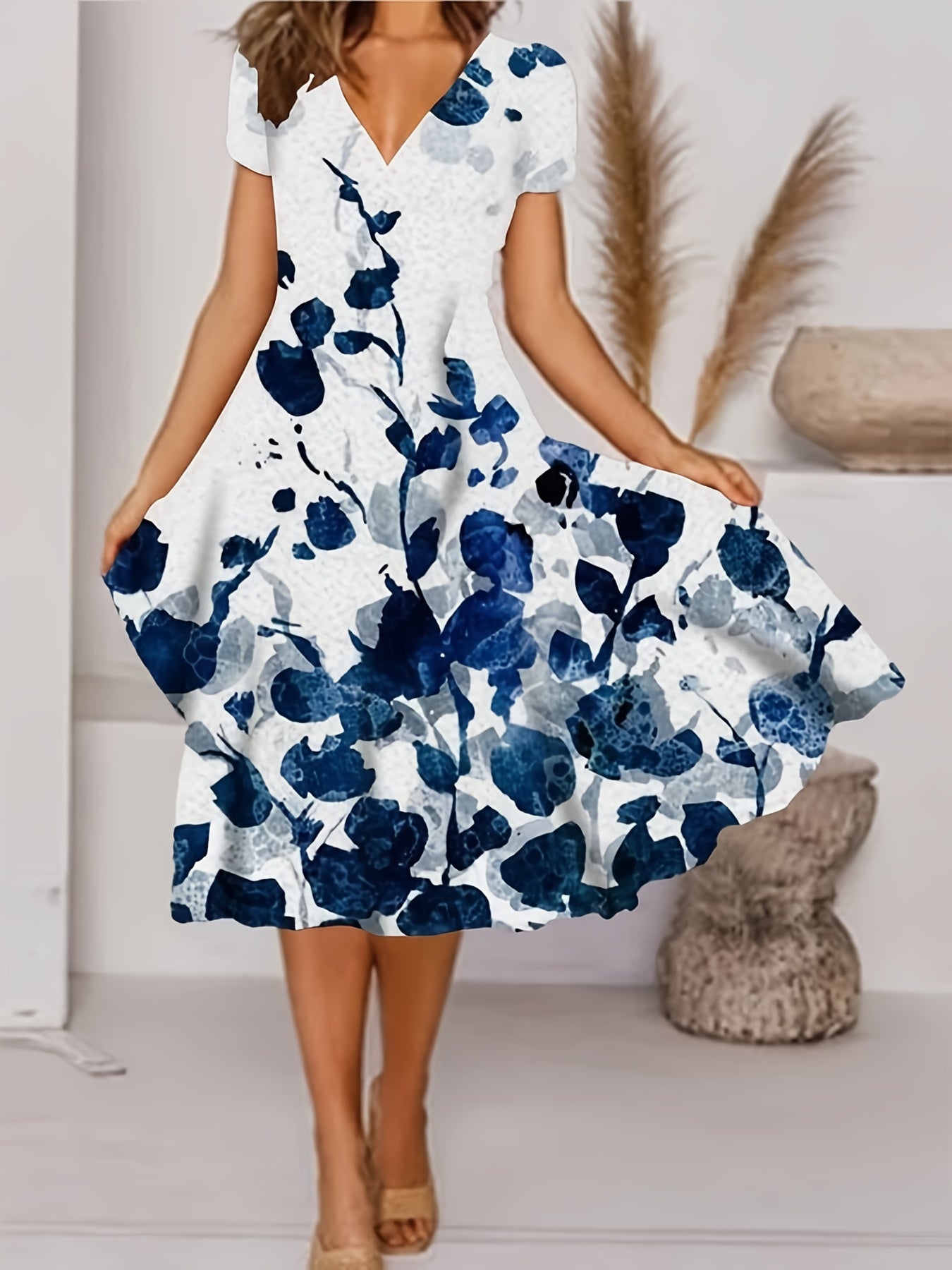 Floral A Line Dress V Neck Short Sleeve Midi