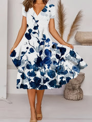 Floral A Line Dress V Neck Short Sleeve Midi