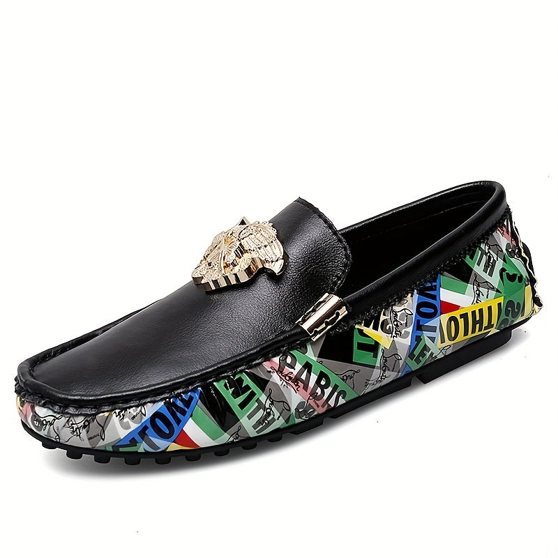 Men's Leather Loafer Slip On Shoes with Metal Decor
