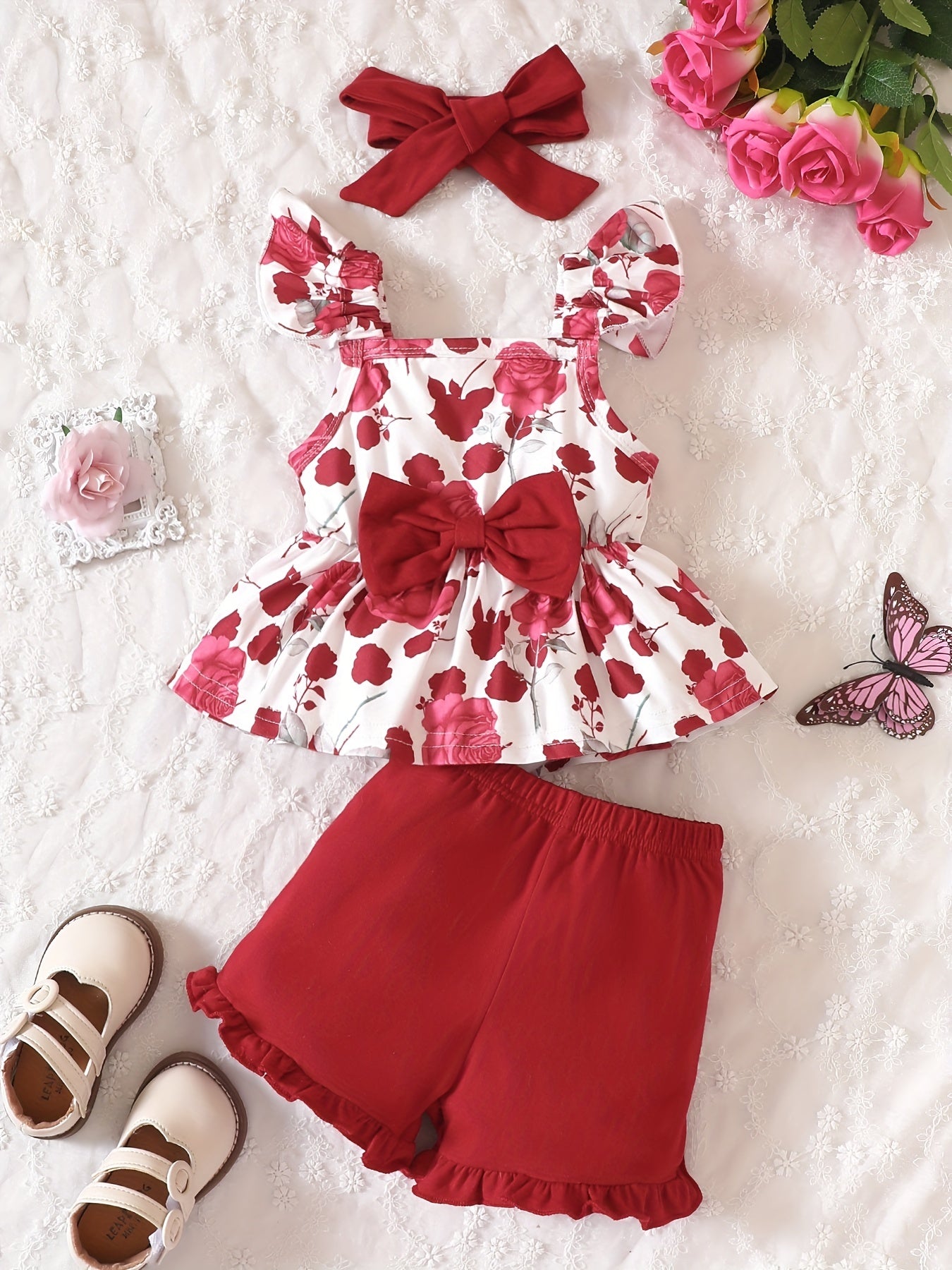 3pcs Floral Graphic Ruffle Sleeve Top & Shorts & Headband Baby Sweet Clothes