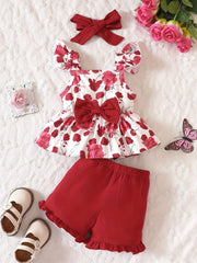 3pcs Floral Graphic Ruffle Sleeve Top & Shorts & Headband Baby Sweet Clothes