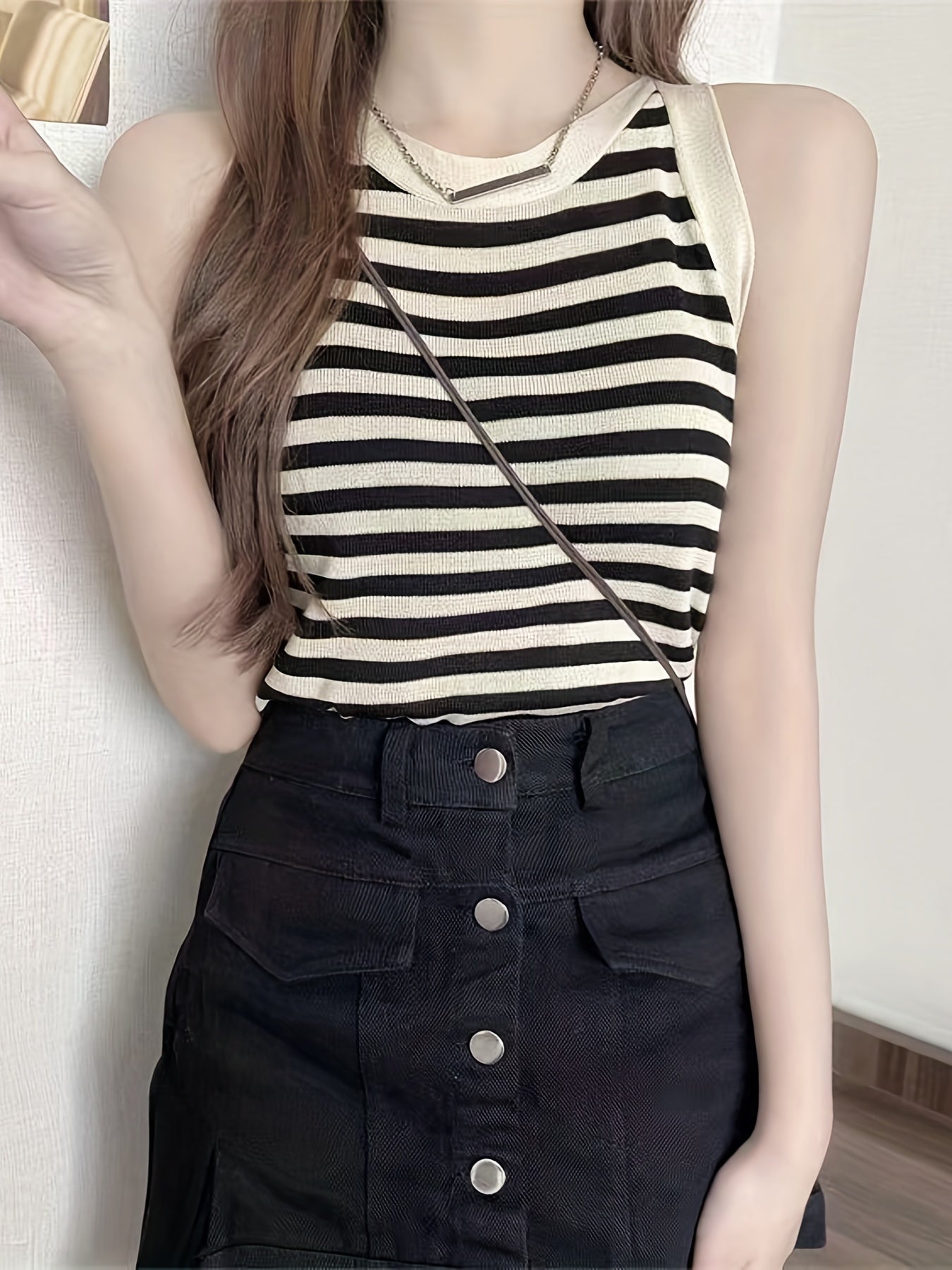 Striped Print Tank Top Casual Crew Neck Sleeveless Top