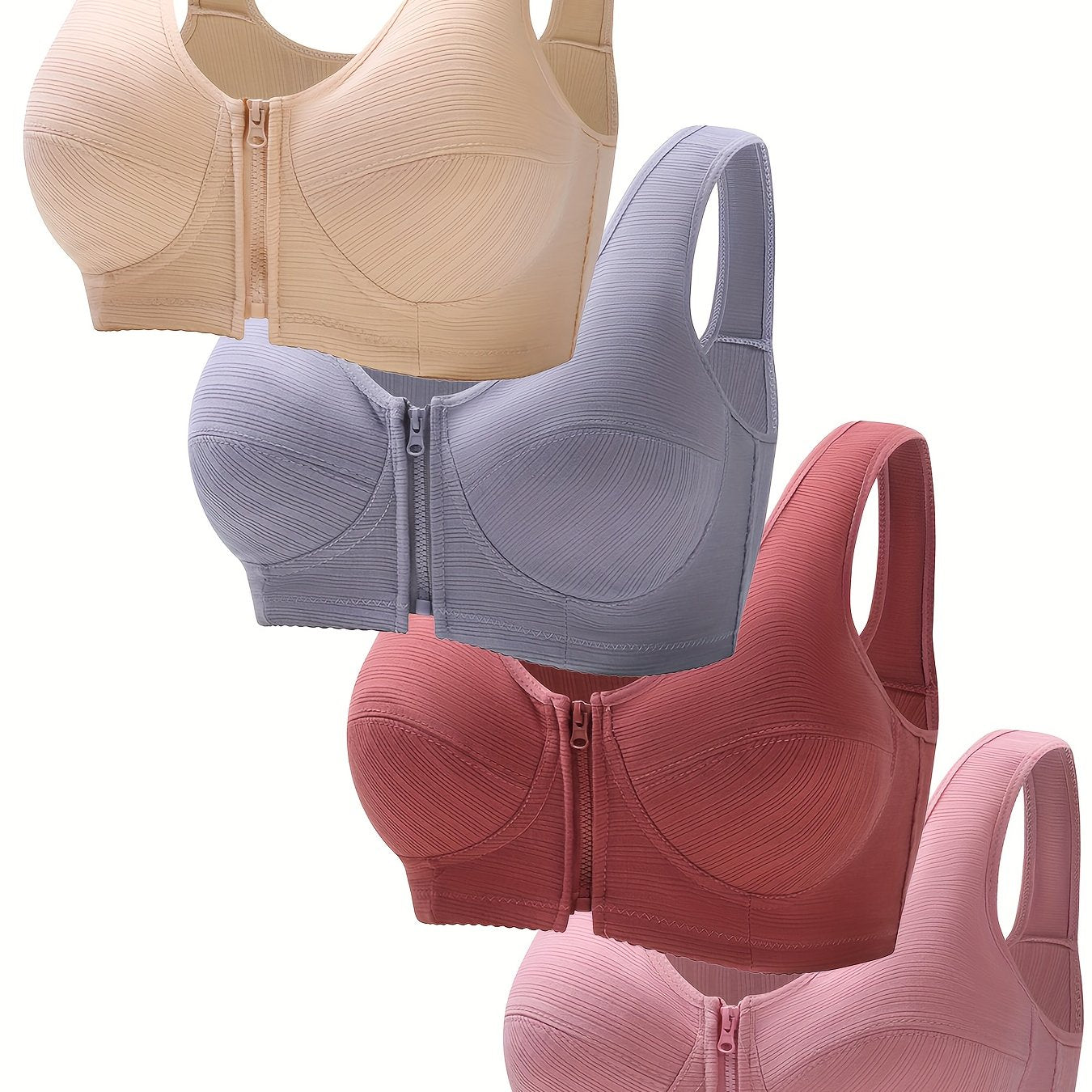 4pcs Wireless Push Up Bras Solid Zipper Comfy & Breathable Lingerie