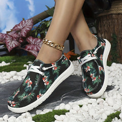 Women's Floral Printed Canvas Shoes Low Top Flat Walking Sneakers