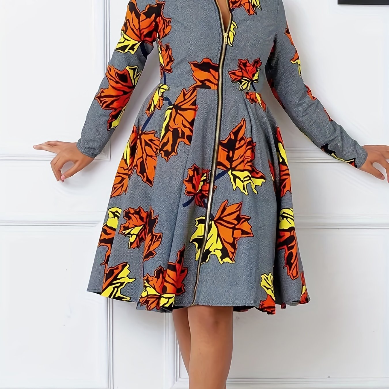 Maple Leaf Print Zipper Round Neck Dress