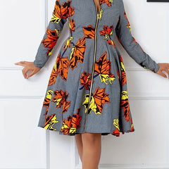 Maple Leaf Print Zipper Round Neck Dress