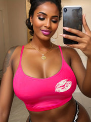 Lips Print Cami Sleep Top Sexy Round Neck Sleeveless Women's Pajamas
