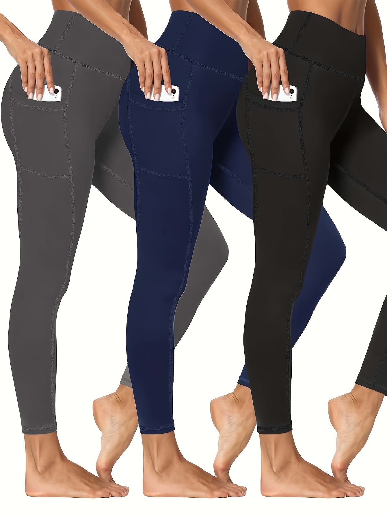 3 Pack Plus Size Sports Leggings Women's Plus Solid Pipping High Stretch Yoga