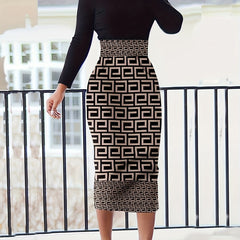 Geo Print Splicing Dress High Neck Long Sleeve Split Dress