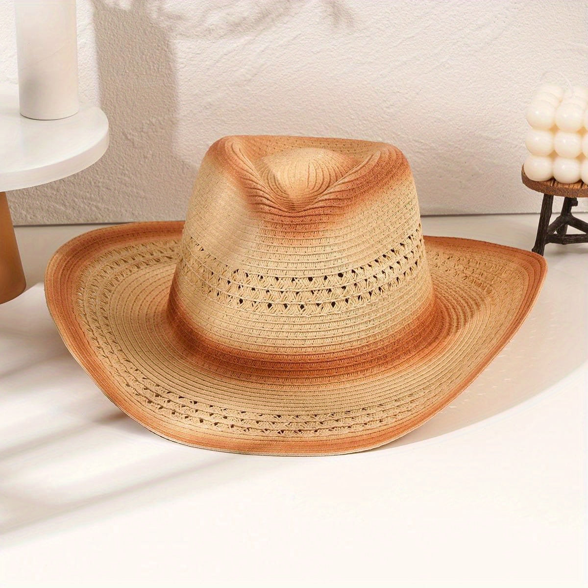 Gradient Jazz Cowboy Hat Vintage Western Straw Sun Hat Hollow Out Breathable Cla
