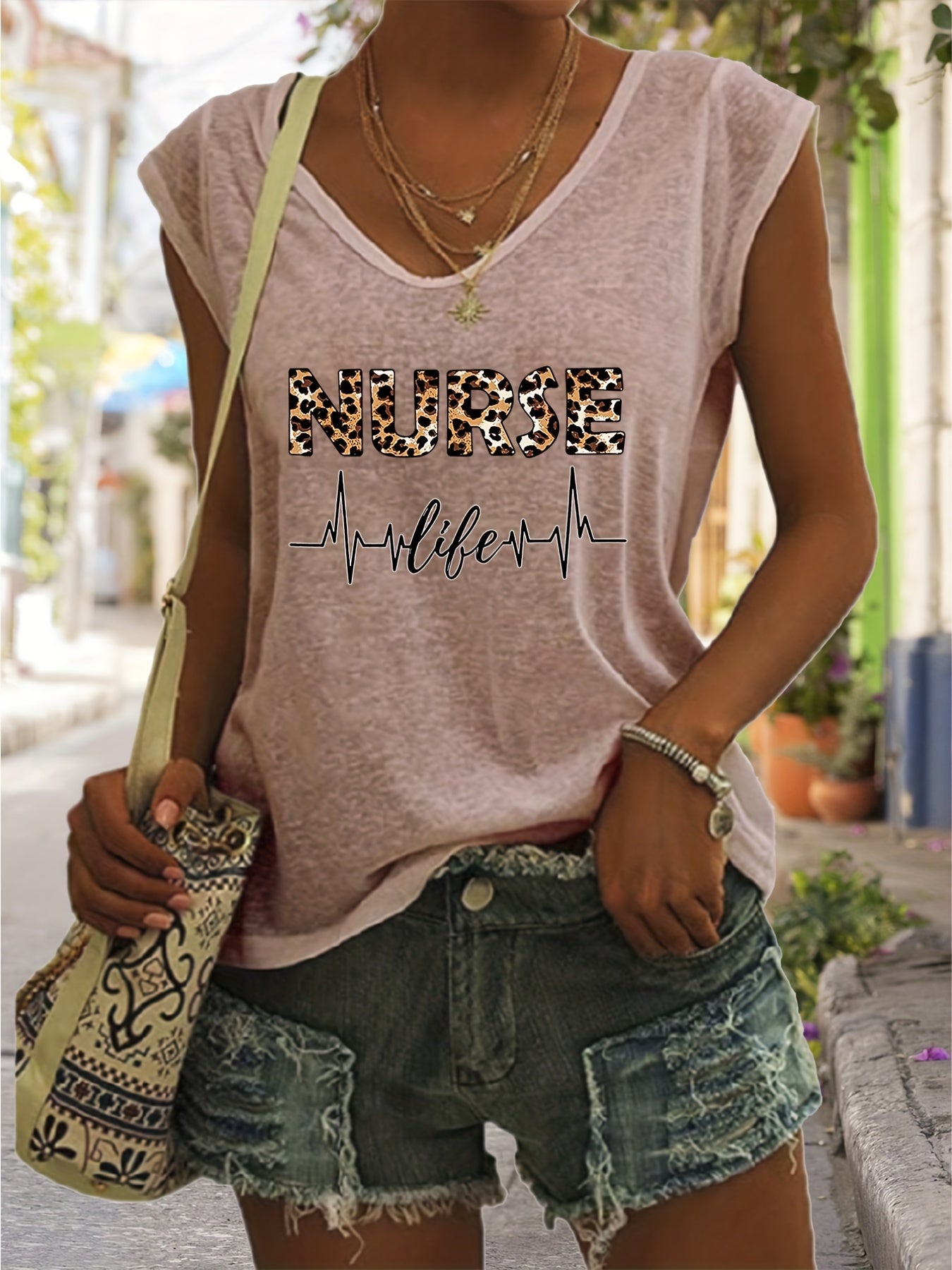 Nurse Life Print Tank Top V Neck Casual Top