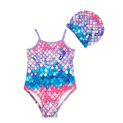 Mermaid Fish Scale Print 2pcs Onesie Swimsuit & Cap