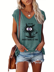 Cat Print V Neck Tank Top Cap Sleeve