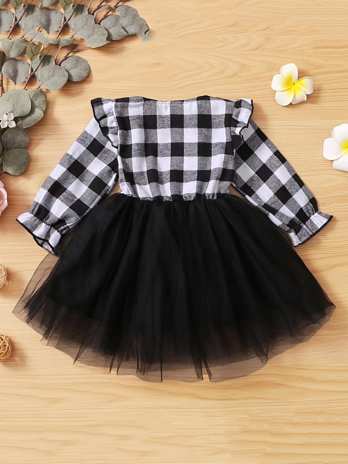 Girls Plaid Button Tulle Tutu Patchwork Princess Dress