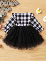 Girls Plaid Button Tulle Tutu Patchwork Princess Dress