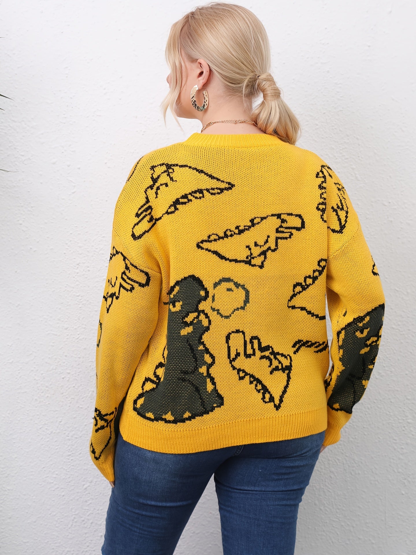 Dinosaur Jacquard Sweater Women's Plus Pullover