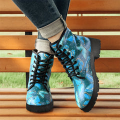 Women's Butterfly Print Ankle Boots Round Toe Lace Up Flat Combat Boots