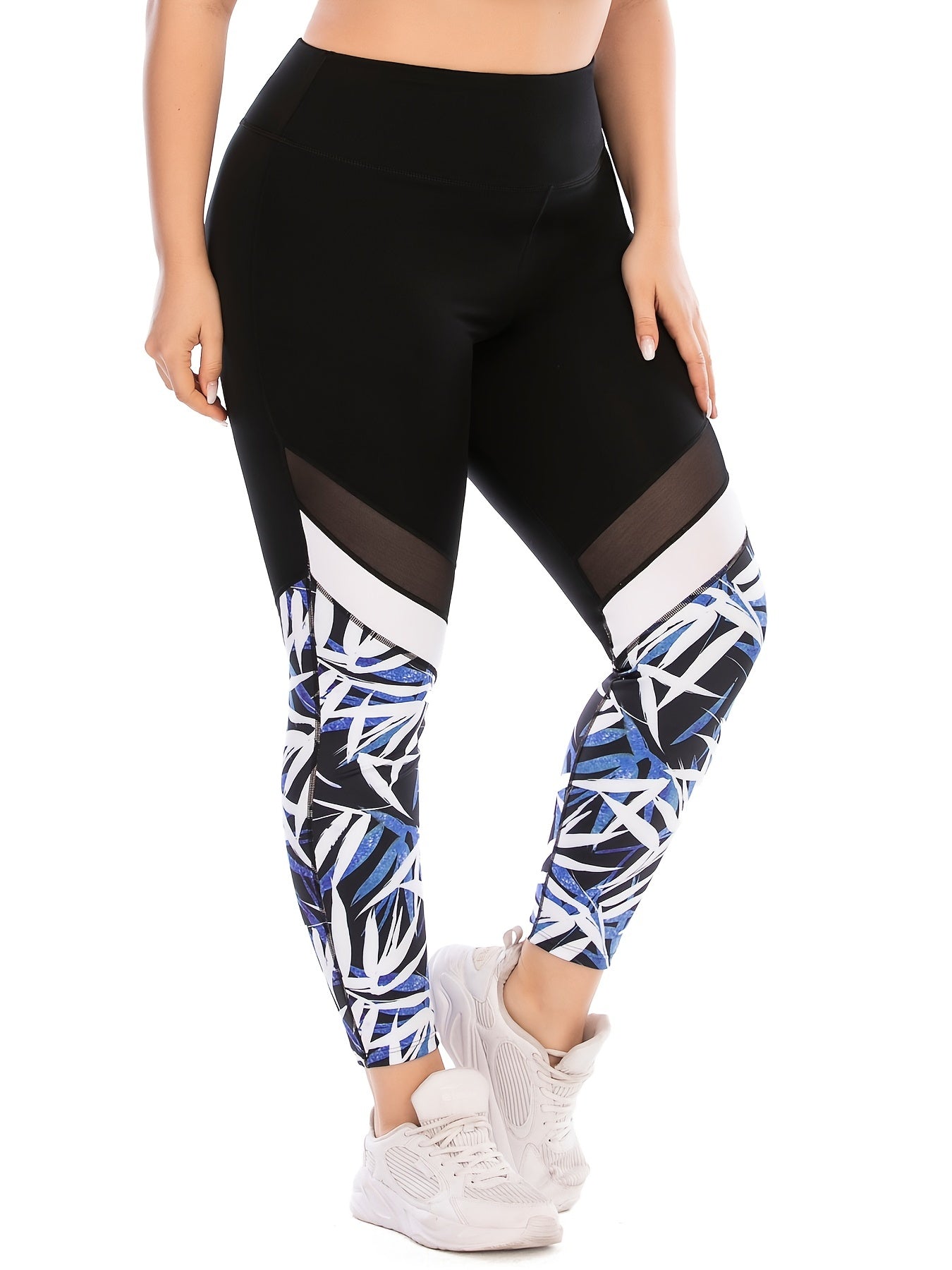 Colorblock Random Print Yoga Sports Leggings Plus Size