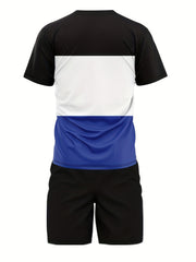 Men's Block Pattern Print 2-Piece Outfit Short Sleeve T-Shirt and Shorts Set