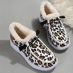Leopard Print Plush Lined Snow Boots Slip On Canvas Winter Ankle Boots