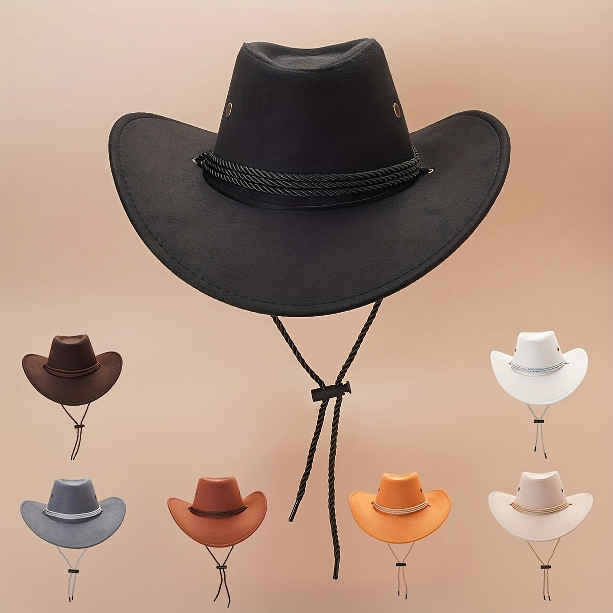 Unisex Western Cowboy Hat Solid Jazz Fedora Cap w/ Lanyard
