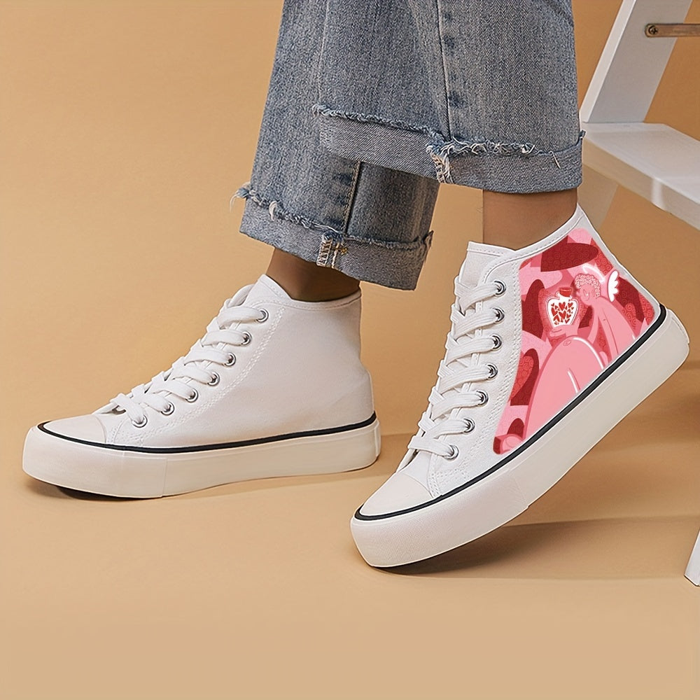 Girl's High Top Love Heart Pattern Skate Shoes Non Slip Casual Lace Up Sneakers