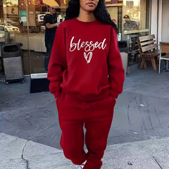 Women's Plus Letter & Heart Print Sweatshirt & Joggers Set