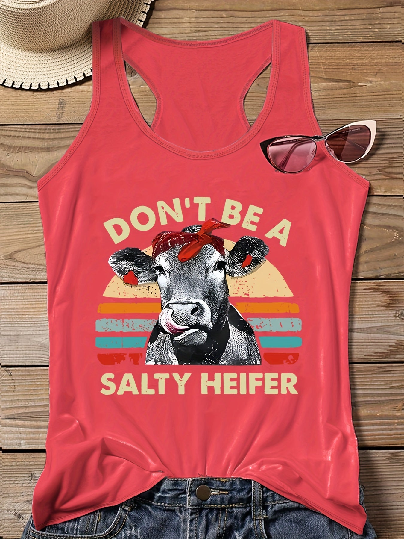 Cartoon Cow & Slogan Print Round Neck Vest Top