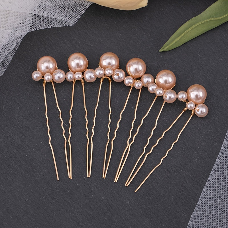6pcs Pearl Hair Comb Bridal Hairpin Golden Wedding Jewelry