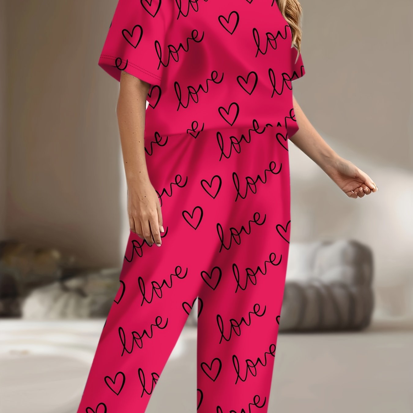 Casual Pajamas Set Women's Plus Heart & Letter Print Tee & Pants