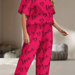 Casual Pajamas Set Women's Plus Heart & Letter Print Tee & Pants