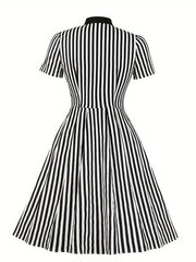 Stripe Print Button Up Short Sleeve Dress